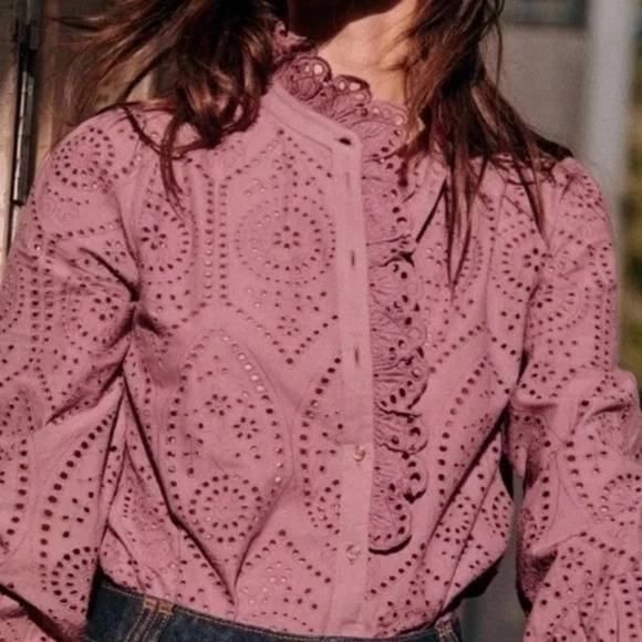Sezane Tops - NWT Sezane Chlo Eyelet Button Down Shirt Wisteria Purple 34 2 XS